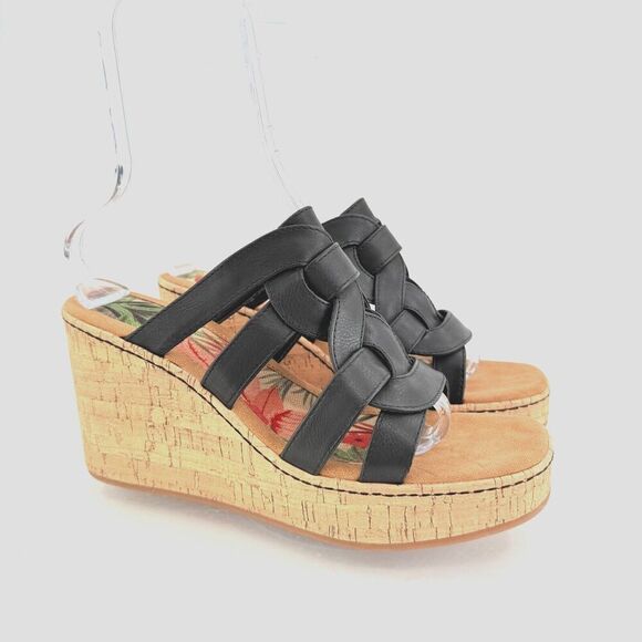 Born BOC Women Cora Sandal Size 11 Black Wedge Platform Vegan Leather Slide Mule - Picture 1 of 15